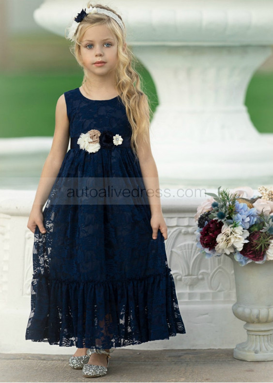 Lace Ankle Length V Back Flower Girl Dress